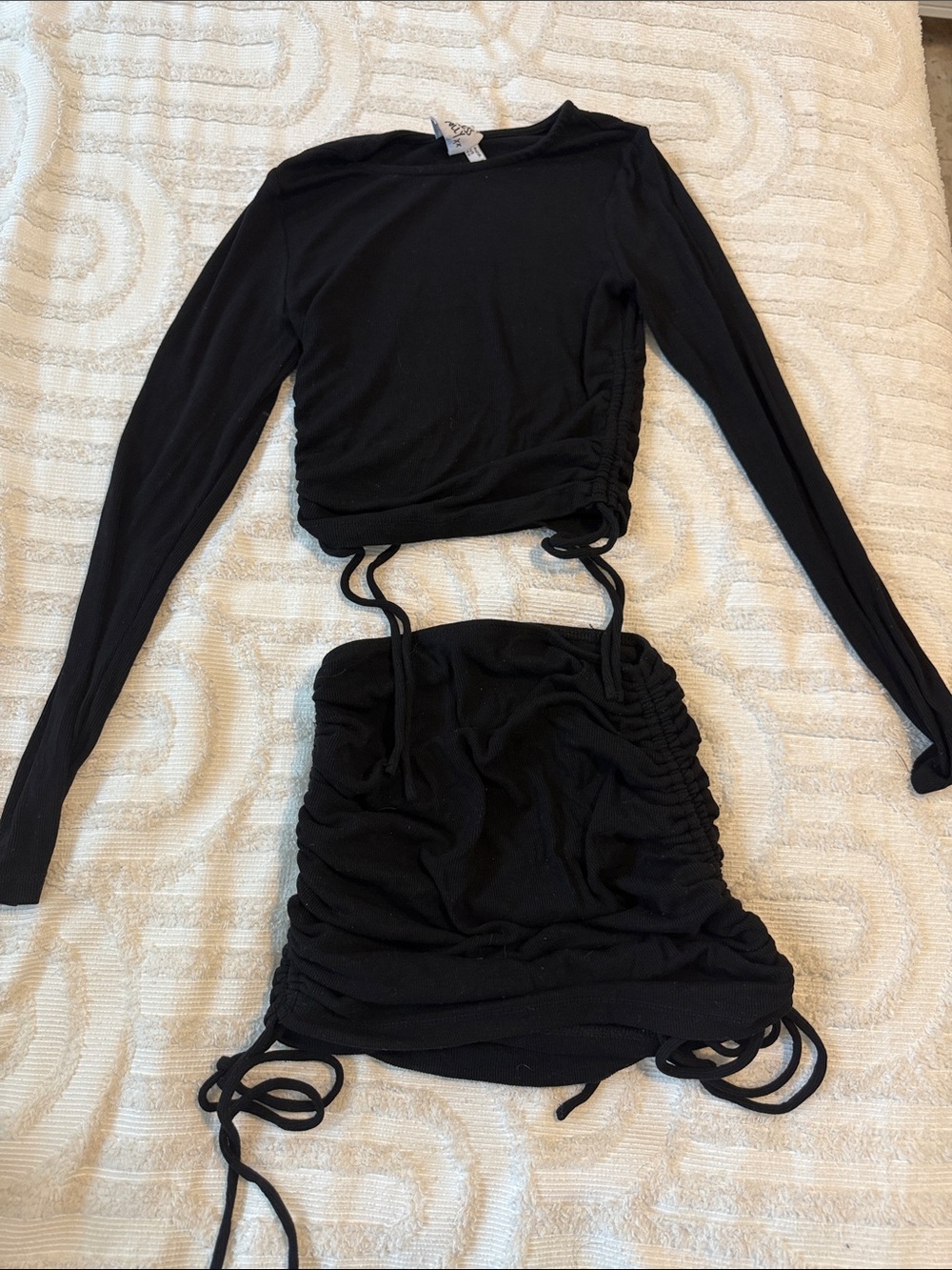 Princess Polly Black Long-Sleeve Crop Top with matching skirt